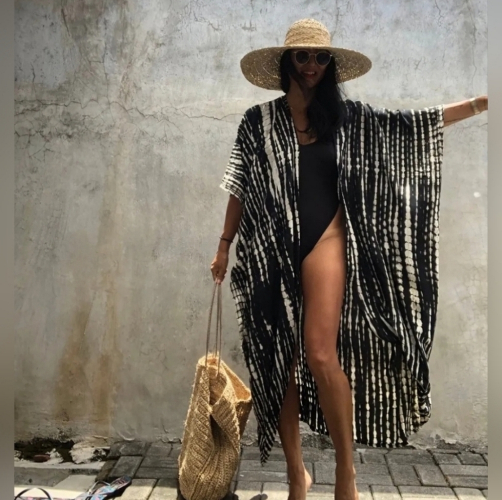 New Flowy Boho Tie Dye Kimono Duster Long Black White